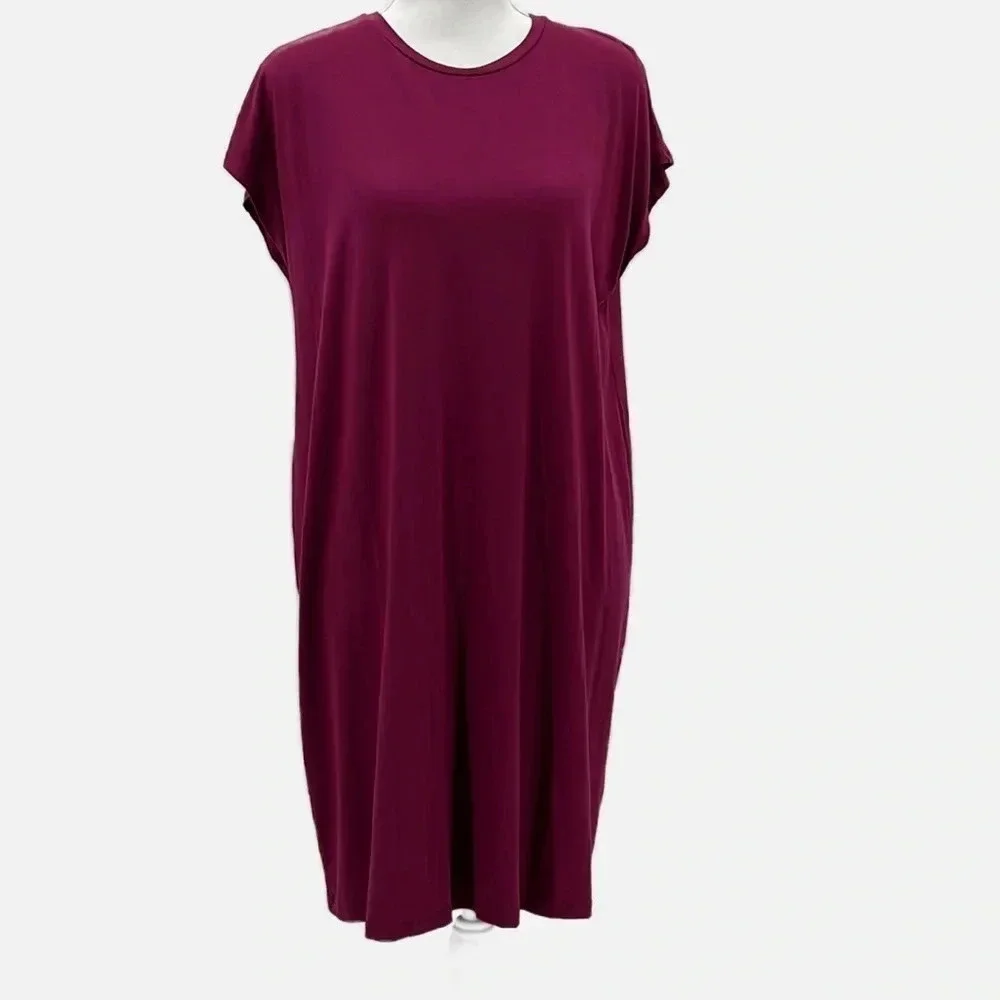 Eileen Fisher Crew Neck Boxy Fit Jersey Knit Dress in Berry - Size Small